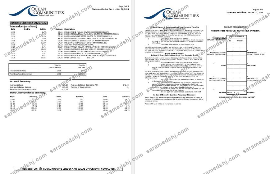 USA Maine Ocean Communities Federal Credit Union bank statement, 3 pages 2